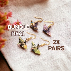 Choisissez 2 paires de boucles d'oreilles pendantes grue en papier origami, argent 14 carats et plaqué or, papier washi, options multicolores, cadeaux de premier anniversaire pour elle