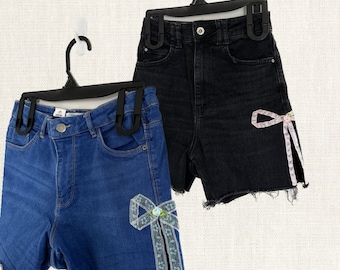 The "Ribbon Rose Bow" Denim Shorts