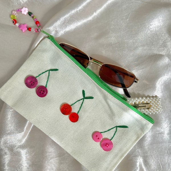 The "Triple Cherries" button cherry canvas bag, hand-sewn & embroidered canvas pencil case, cosmetic bag, storage bag with beaded details