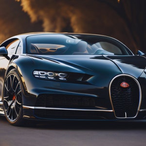Op de afbeelding: Een strakke, donkerblauwe sportwagen met een laag profiel en een glanzende afwerking. De auto heeft zwarte velgen, rode remklauwen en een kenmerkende grille met het Bugatti-logo. De auto staat op een verharde weg.