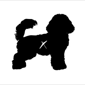 May include: A black silhouette of a dog, possibly a poodle crossbreed, with a curly coat and tail. The dog is standing, facing left, with a white X-shaped design on its side. The image is set against a white background.