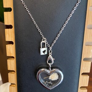 Puede incluir: Un collar de cadena plateada con un dije en forma de coraz&oacute;n. El dije tiene una ventana de vidrio transparente que revela una flor seca en su interior. Un peque&ntilde;o dije de candado plateado cuelga de la cadena.