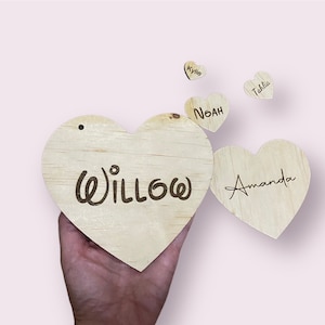 Etiqueta de nome de madeira personalizada, etiquetas personalizadas em forma de coração, coração personalizado, decorações de mesa de presente, dia das mães, dia dos namorados, casamento