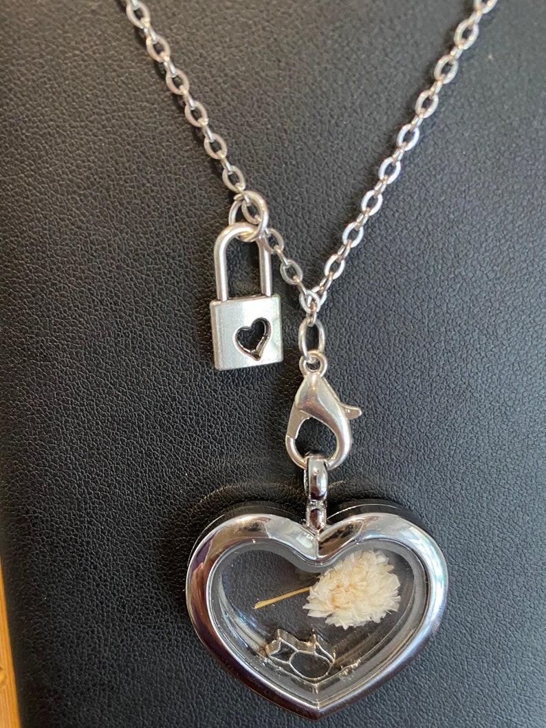 Puede incluir: Un collar de plata con un dije en forma de coraz&oacute;n y un peque&ntilde;o dije de candado. El dije tiene una ventana de vidrio transparente que revela una flor seca en su interior.