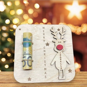 Porte-monnaie de Noël personnalisé, cadeau de Noël personnalisé porte-monnaie en bois renne avec nom, cadeau personnalisé carte gravée unique