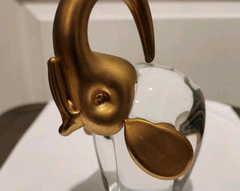 Estatua vintage de elefante de cristal de Murano, Italia, de la década de 1980 con pisapapeles de metal, 14 cm de altura.