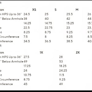 May include: A detailed size chart for a pullover, displaying measurements in inches for various sizes from XS to 3X. Includes front body length, chest circumference, shoulder width, sleeve length, and more.