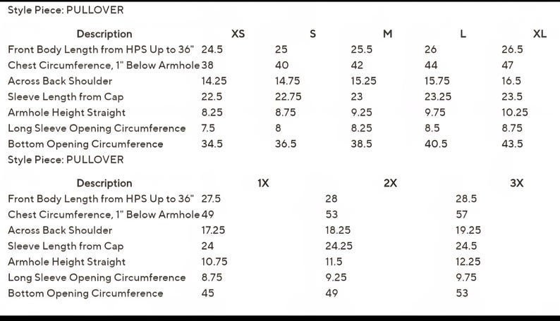 May include: A detailed size chart for a pullover, displaying measurements in inches for various sizes from XS to 3X. Includes front body length, chest circumference, shoulder width, sleeve length, and more.