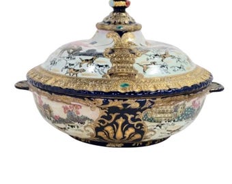 ANTIGUO CIRCA 1770 Cuenco de caza dorado de porcelana firmado Famille Rose & Blue TUREEN