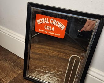 VINTAGE 1940's Royal Crown Cola Advertising Mirror w/WORKING Thermometer 9"X 12"