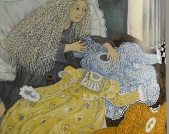 May include: A painting of a person with long curly hair sitting in bed, holding a blue patterned garment. In front are a yellow dress with star motifs, a blue patterned garment, an orange dress with intricate patterns, and dark brown boots.
