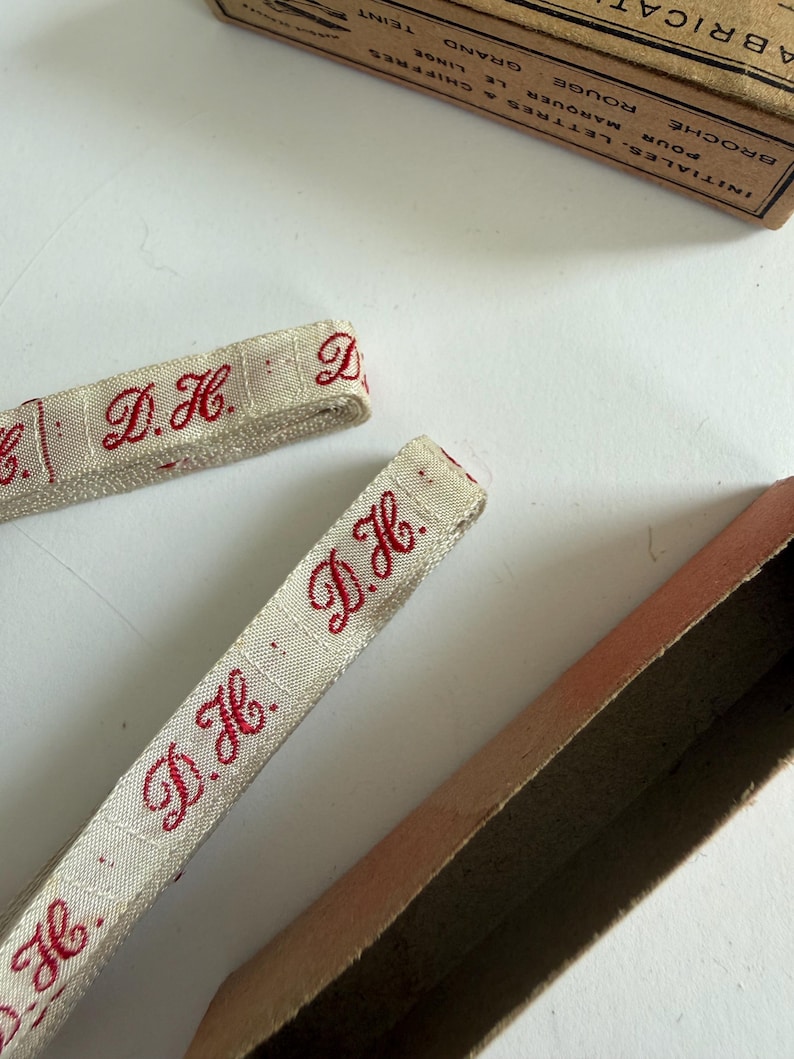 Vintage French Monogram Labels D H | Woven Linen Marking Tape, Original Box image 6