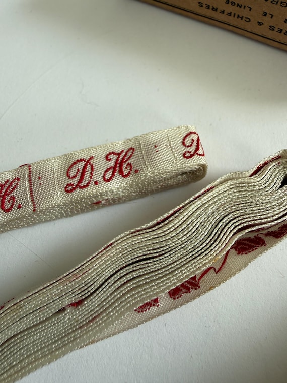 Vintage French Monogram Labels D H | Woven Linen Marking Tape, Original Box