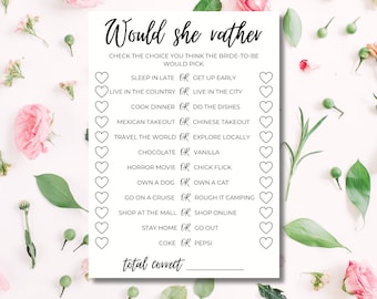 Aurait-elle plutôt | Activité de douche nuptiale | Mariage | Jeu de douche nuptiale | Jeu imprimable | Jeu de douche nuptiale numérique | Téléchargement instantané