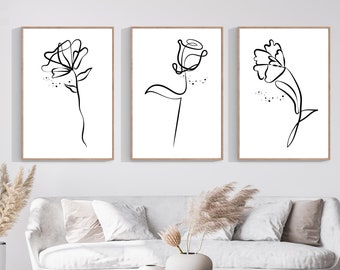 Flower One Line Art Print - Minimalist Floral Wall Decor, Botanical Prints Set of 3, Modern Boho Wall Art Living room decor, Office wall art