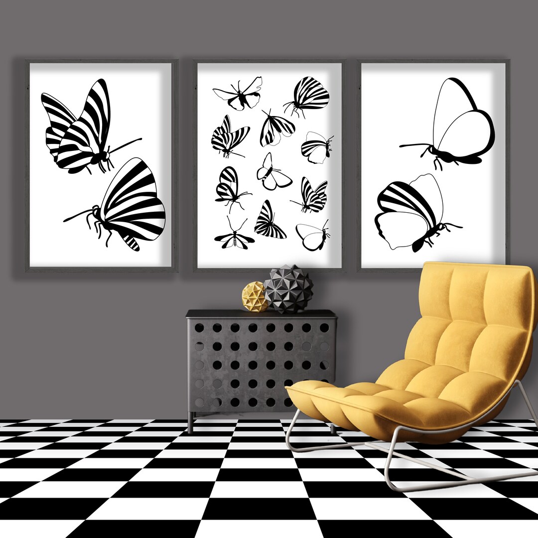 Modern Black and White Butterfly Wall Art Set of 3 Digital Prints