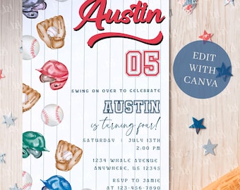 May include: Baseball-themed invitation with the name "Austin" and the number "05" in red. The invitation includes baseballs, gloves, and helmets. The text reads "Swing on over to celebrate" and "Austin is turning four!"
