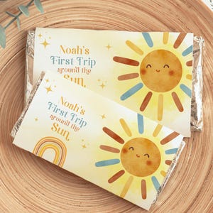 Sun Themed Chocolate Bar Wrapper Template, First Trip Around the Sun Chocolate Bar, Editable & Printable 1st Birthday Boy, Digital Download