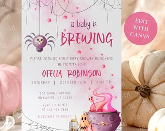 Spooky Halloween Baby Shower Invitation Template Set, A baby is Brewing Invite Pack (Digital Download)