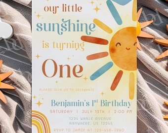Sunshine First Birthday Invitation, Editable Template (Digital Download)