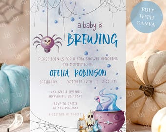 Spooky Halloween Baby Shower Invitation Template, A Baby is Brewing Set (Digital Download)