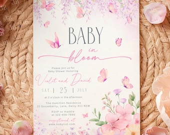 Baby in Bloom Baby Shower Invitation, Pink Floral Butterfly Theme, Editable Template (Digital Download)