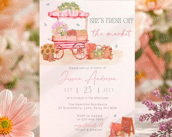Fresh Off the Market Bridal Shower Invitation template, Editable & Printable Farmer Market Bridal Brunch Invite, Pink, Digital Download