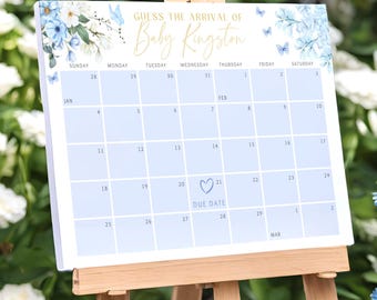 Blue Floral Baby Shower Due Date Calendar Guessing Game (Digital Download)
