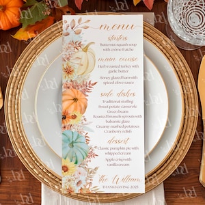 Thanksgiving Menu Card Template, Editable Pumpkin Fall Dinner, Friendsgiving (Digital Download)