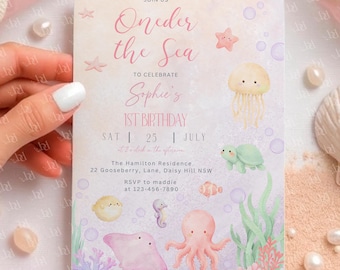 Oneder the Sea Birthday Invitation template, Editable & Printable Under the Sea Party, Ocean Animals Girl Invite, Digital Download