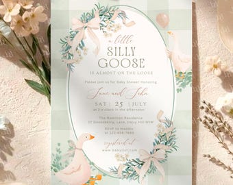 Silly Goose on the Loose Baby Shower Invitation Package Template, Editable Green Gingham Baby shower Invite, Digital Download