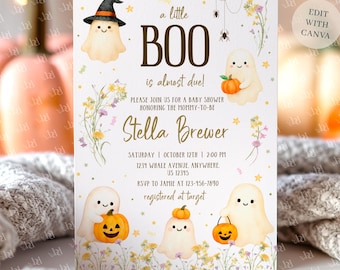 Little Boo Baby Shower Mini Bundle templates, Halloween Invitation Set, Gender Neutral, Digital Download