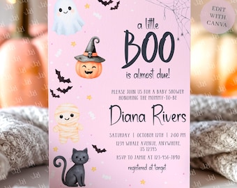 Little Boo Baby Shower Mini Bundle templates, Pink Halloween Invitation Set,  Digital Download