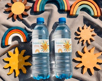 Plantilla de etiqueta para botella de agua, imprimible y editable. Etiqueta para botella de primer cumpleaños "Little Sunshine". Artículos para fiestas temáticas de sol. Descarga digital.