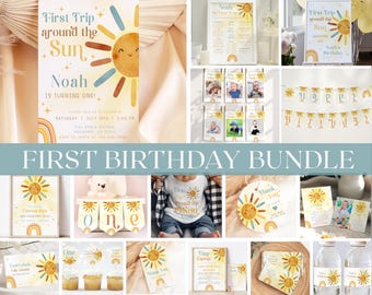 Puede incluir: Paquete de imprimibles para una fiesta de primer cumpleaños con temática de sol y arcoíris. Incluye invitaciones, pancartas, adornos para cupcakes, etiquetas para botellas de agua, etiquetas de agradecimiento y un body personalizado.