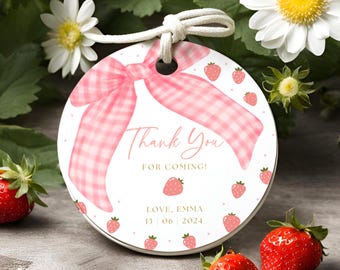 May include: Round white thank you tag with a pink gingham bow, strawberries, and the text "Thank You for Coming! Love, Emma 13 06 2024".