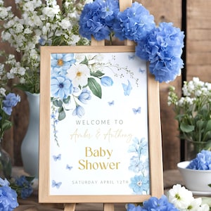Modello di cartello di benvenuto "Blue Baby in Bloom", poster di benvenuto floreale blu modificabile e stampabile, decorazioni per baby shower blu, download digitale