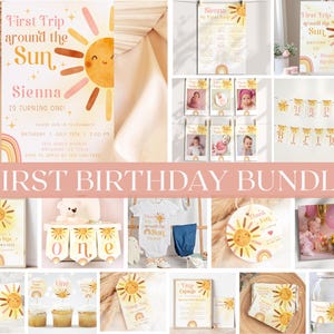 Pacchetto di inviti di compleanno "Primo giro intorno al sole", stampabili e modificabili, a tema sole, articoli per il compleanno di una bambina, download digitale