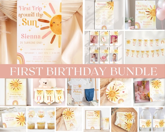First Trip Around The Sun Birthday Invitation Bundle, Printable & Editable Sun Themed Package, Girl's Birthday Supplies, Digital Download
