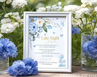 Late Night Diapers Sign Template, Editable & Printable Blue Baby in Bloom Poster, Floral Baby Shower Decor, Digital Download
