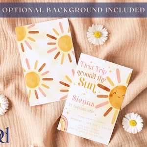 May include: A pink and yellow first birthday party invitation with a sun graphic and the text "First Trip Around the Sun Sienna is turning one!" Please join us to celebrate Saturday, July 19th at 2:00 PM. 1294 Whale Avenue. RSVP to Jamie at 123-456-7890.
