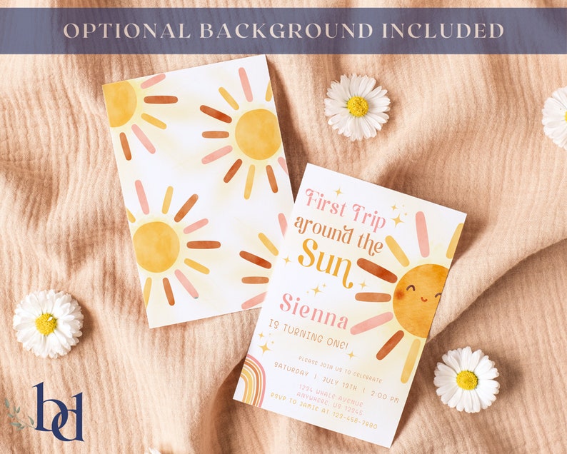 May include: A pink and yellow first birthday party invitation with a sun graphic and the text "First Trip Around the Sun Sienna is turning one!" Please join us to celebrate Saturday, July 19th at 2:00 PM. 1294 Whale Avenue. RSVP to Jamie at 123-456-7890.