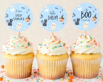 Little Boo Baby Shower Cupcake Toppers, Editable Halloween Baby Party Decor, Blue, Digital Download