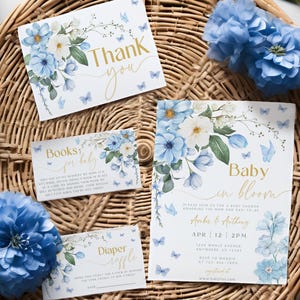 Modello di invito per baby shower "Blue Baby in Bloom", modificabile e stampabile, con farfalle e fiori, download digitale