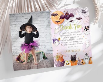Mall för tackkort för Halloween-födelsedag, utskrivbart fotokort för Hey Boo för första födelsedagen, redigerbart födelsedagskort för flicka, digital nedladdning