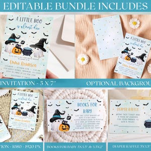 Peut inclure: Ensemble imprimable &eacute;ditable pour une f&ecirc;te pr&eacute;natale sur le th&egrave;me d'Halloween. L'ensemble comprend une invitation, un billet de tombola pour les couches et une pancarte pour un livre pour b&eacute;b&eacute;. Le design pr&eacute;sente un joli fant&ocirc;me et une sorci&egrave;re avec un chaudron et des citrouilles. L'invitation mesure 5x7 pouces, le billet de tombola pour les couches et la pancarte pour un livre pour b&eacute;b&eacute; mesurent 5x3,5 pouces et 3,5x2 pouces.