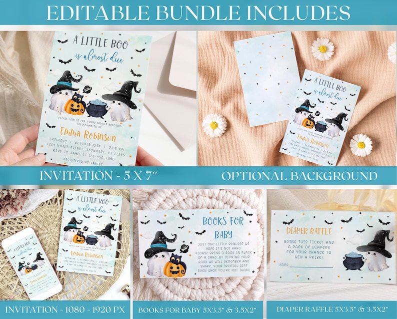 Peut inclure: Ensemble imprimable &eacute;ditable pour une f&ecirc;te pr&eacute;natale sur le th&egrave;me d'Halloween. L'ensemble comprend une invitation, un billet de tombola pour les couches et une pancarte pour un livre pour b&eacute;b&eacute;. Le design pr&eacute;sente un joli fant&ocirc;me et une sorci&egrave;re avec un chaudron et des citrouilles. L'invitation mesure 5x7 pouces, le billet de tombola pour les couches et la pancarte pour un livre pour b&eacute;b&eacute; mesurent 5x3,5 pouces et 3,5x2 pouces.