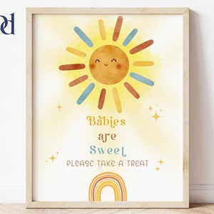 Modelo de placa &quot;Aqui vem o Filho: Bebês são doces&quot;, pôster para chá de bebê Sunshine para impressão e edição, placa para chá de bebê Sun, download digital