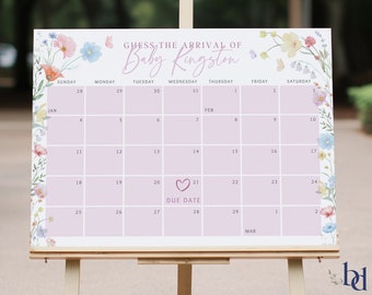 Wildflower Baby Due Date Calendar, Baby Shower Game (Digital Download)