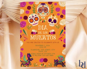 Day of the Dead Invitation Template, Día de los Muertos Invite, Editable & Printable Invitation Sugar Skulls + Cempasúchil, Digital Download